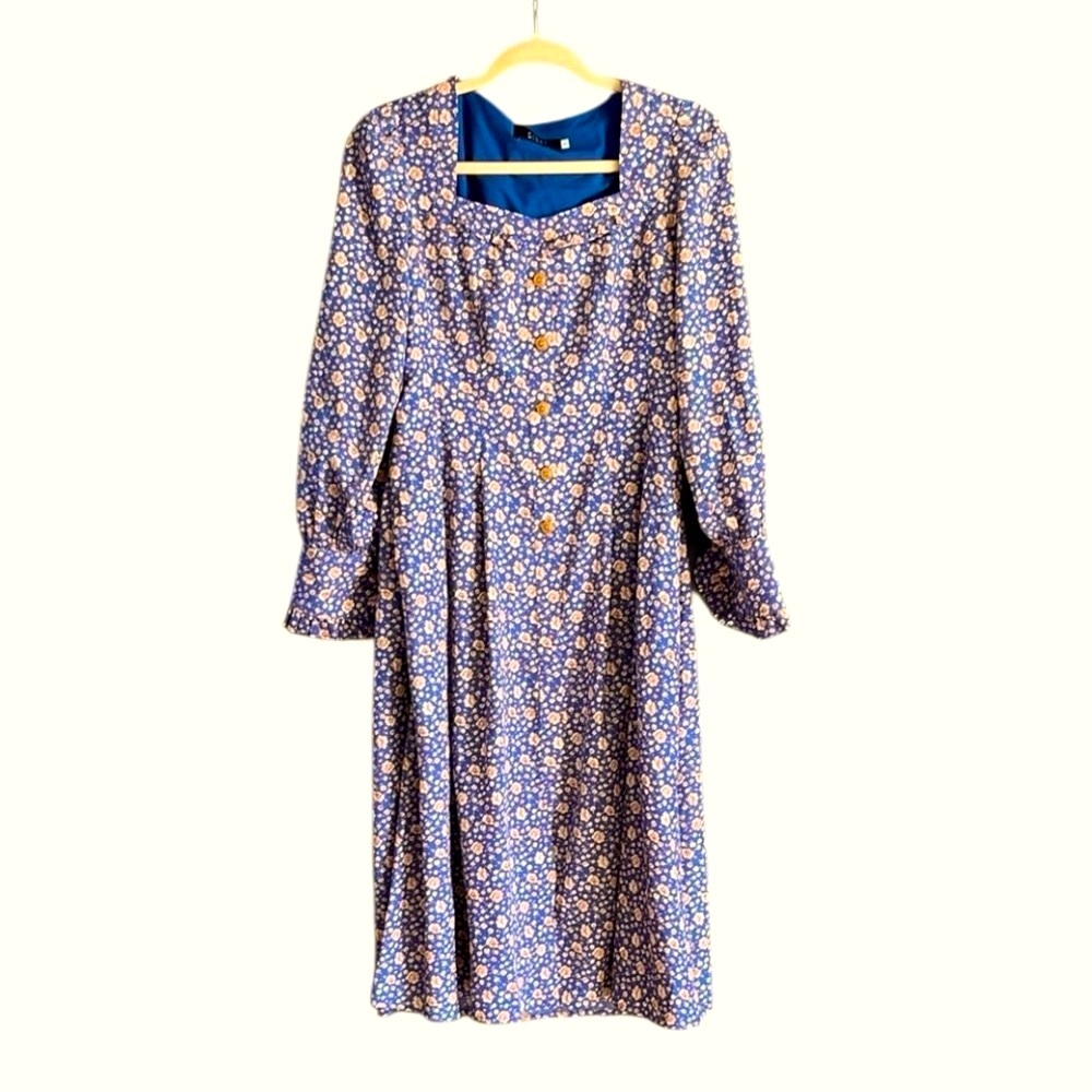 First Ring Womens Blue Ditsy Floral Peasant Midi Dress Sz Large Milk Maid L/S